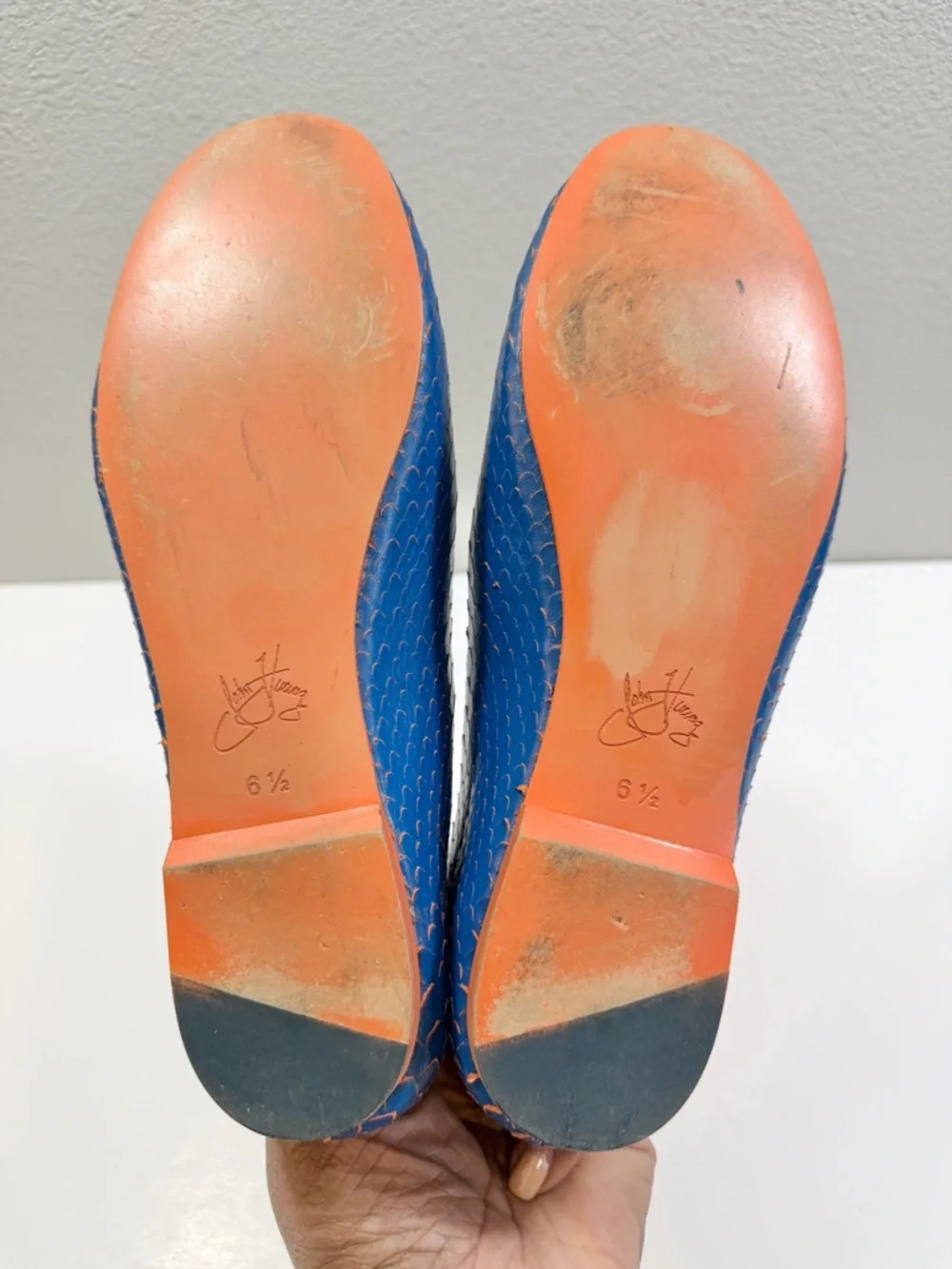 John Fluevog Blue Ballet Flats 6.5 Travel Vogs Embossed Croc Reptile Leather